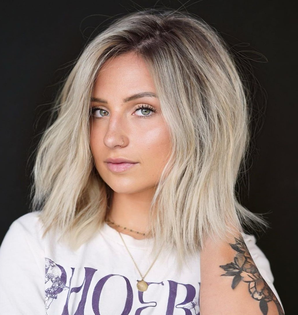 Lived-in Ash Blonde Lob with Shadow Roots